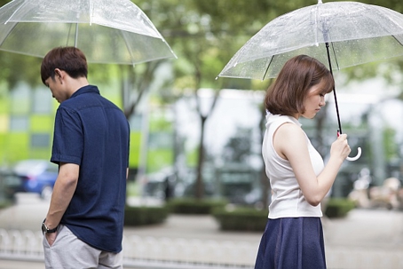 man and woman in the rain